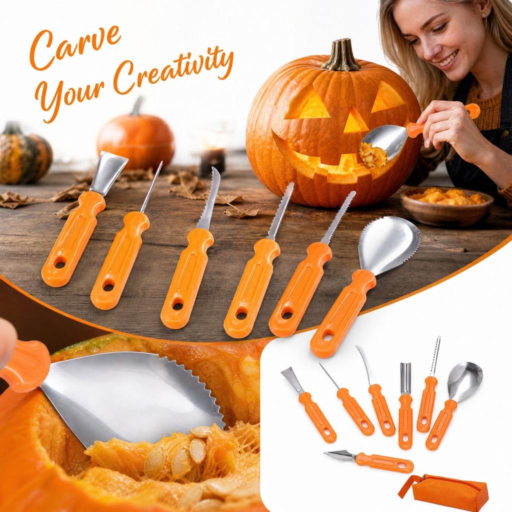 7 Piece Pumpkin Carving Tool Set, Stainless Kit with Scoop and Saw for Halloween DIY
