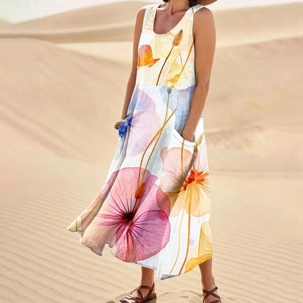 Damenmode, lässig, ärmellos, Baumwolle, Leinen, Blumenmuster, kleine Taschenkleider