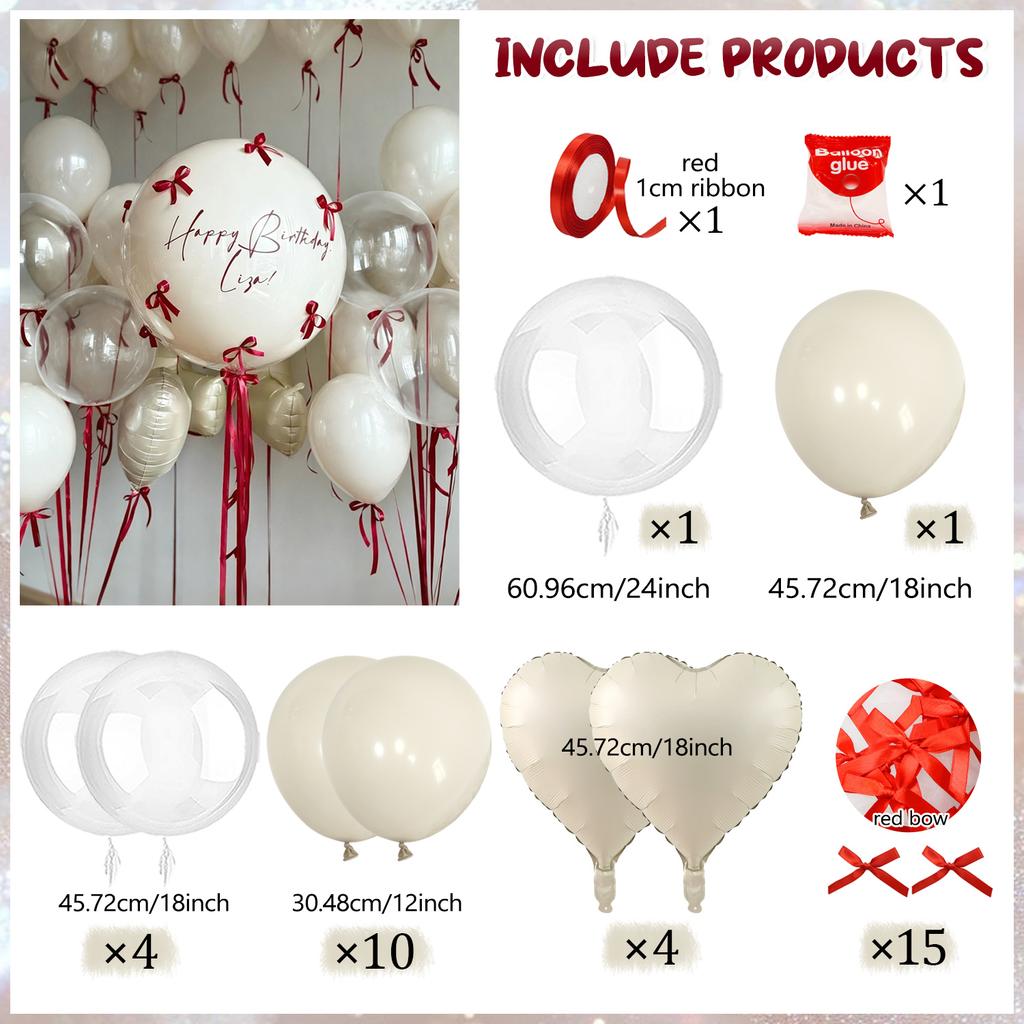 Sand white bobo balloon set with red ribbon bow decoration for birthday, wedding, shower, proposal, anniversary decoration