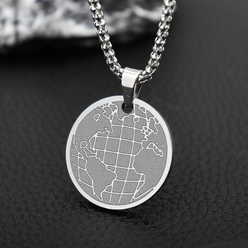Round Stainless Steel World Map Pendant Charm Men's Necklace Fashion Hip Hop Punk Jewelry Accessories Party Gift