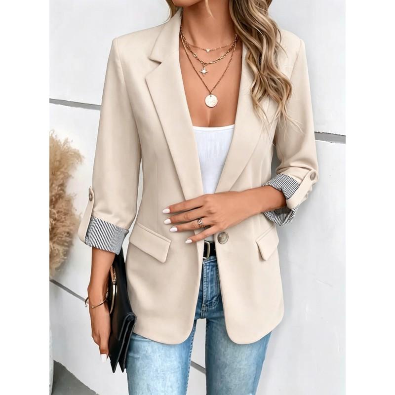 Blazer Décontracté Coupe Ajustée pour Femmes avec Manches 7/8 Relevables Bouton Unique Tissu Acétate Style Chic de Bureau