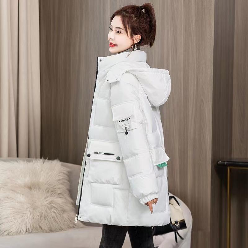 Zimowe parki z kapturem damskie zagęścić ciepły średni długi puchowy bawełniany płaszcz damski wszystkie pasujące dorywczo bawełniana ocieplana kurtka damska
