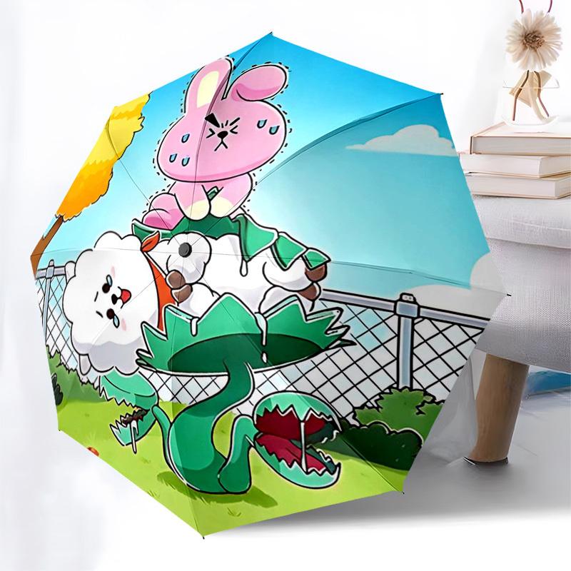 1pc Outdoor Umbrella with BT21 Characters - Automatic Opening/Closing, Portable 3-Fold Design, 8-Bone Iron Frame, Perfect Gift for Fans, Traveler