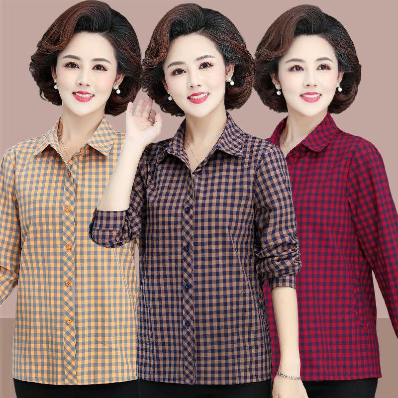 2026 Spring/Autumn Plaid Cotton Long-Sleeve Cardigan Shirt for Middle-Aged Women