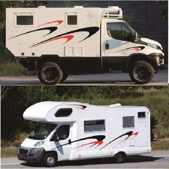 Car Two Body Side Stripes Stickers Vinly Decals Black+Red For Camper RV Trailer