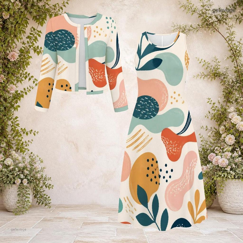 Women Plus Size Printed Round Neck Long Sleeve Cropped Cardigan Sleeveless Midi Dress Two Piece Set