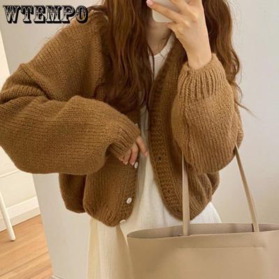 Women Cropped Single Breasted Loose Simple Vintage Knitted Cardigans All-match 4 Colors Casual Cozy Autumn Sweaters