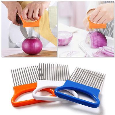 Stahl Zwiebel Slicer Gemüse Tomaten Halter Gadget Cutter Küche X8N3
