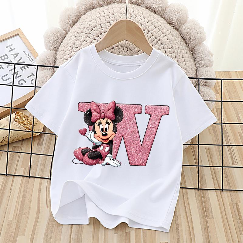 Disney Mickey Minnie Mouse Kids Cotton T-Shirts Anime Cartoon Printed Letter Tops Summer Pullover Casual Children Clothes Gift