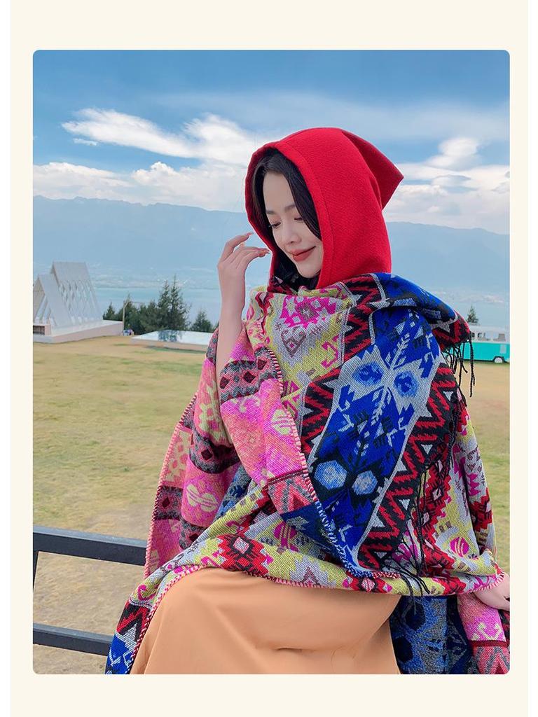 Women's Ethnic Style Hooded Shawl Cloak, Geometric Design for Autumn/Winter, Ideal for Tibet, Qinghai, Yunnan Travel