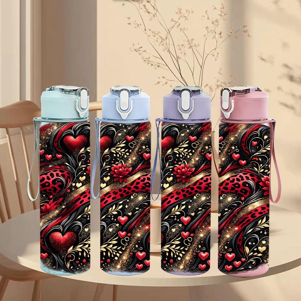 1PC Red Black Rose Dark Floral Art Print 750ml Color Plastic Sports Water Bottle Leakproof Flip Straw Lid Suitable for Sports Office Home Use