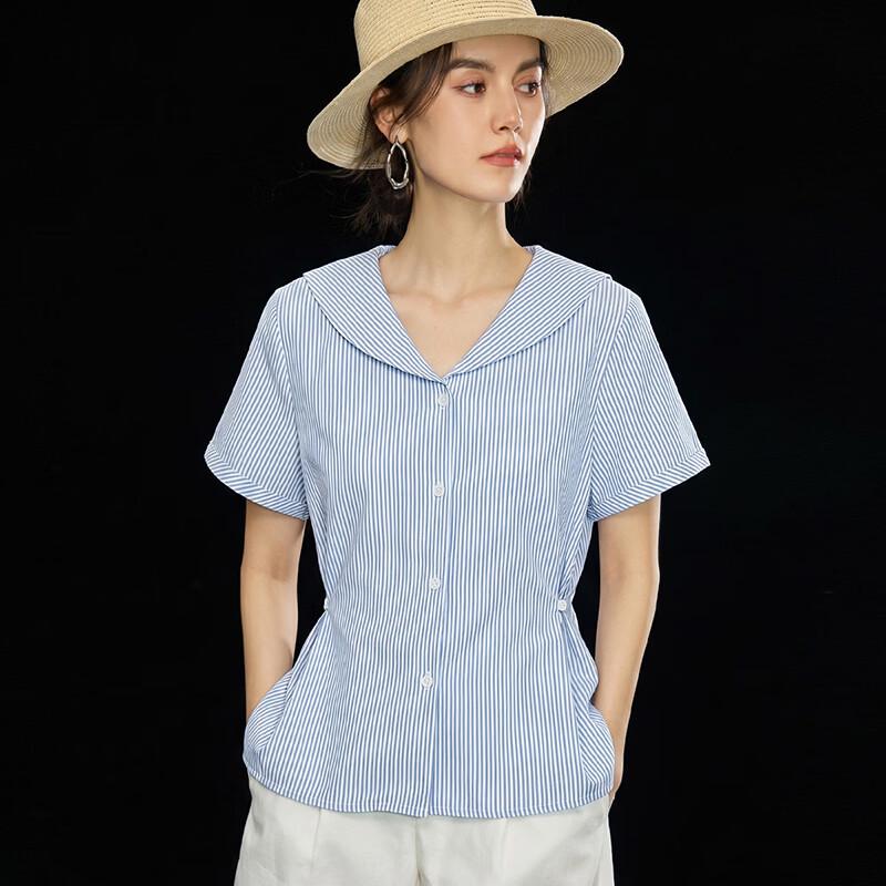 Women's Tencel Blend French Lapel Striped Casual Blouse