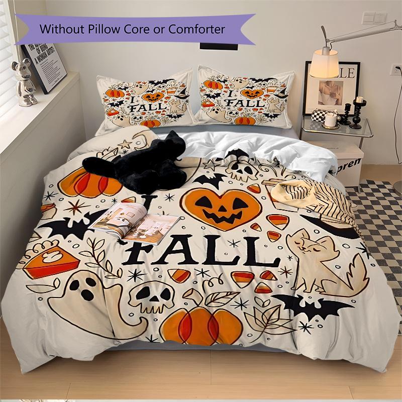 3pcs I Heart Fall Halloween Printed Duvet Cover Set (1 * Cover+2 * Pillowcase, Without Core), Suitable for Home Bedroom, Guest Room, Dormitory De