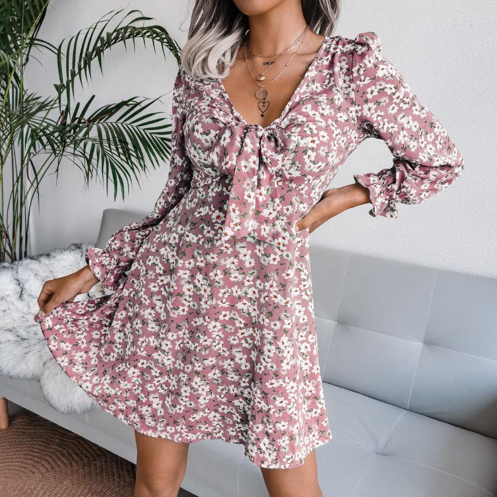 Spring and Summer European and American Casual Bow Floral Chiffon Dress