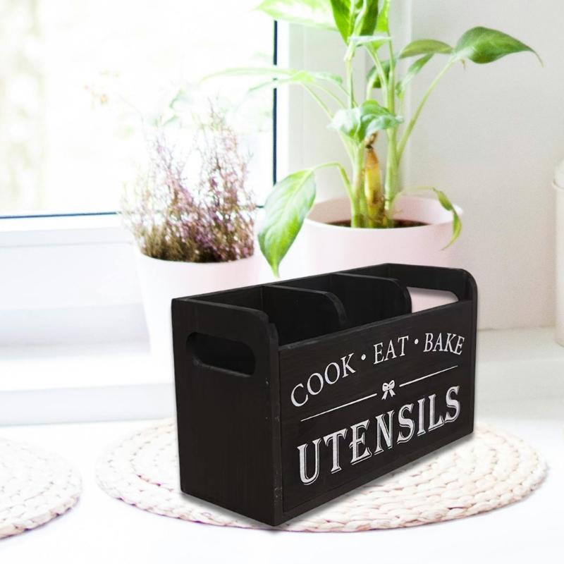 Dřevěný držák na náčiní s více přihrádkami 3 sekce Úložný box na kuchařské příslušenství Nástroj pro organizaci kuchyňské linky