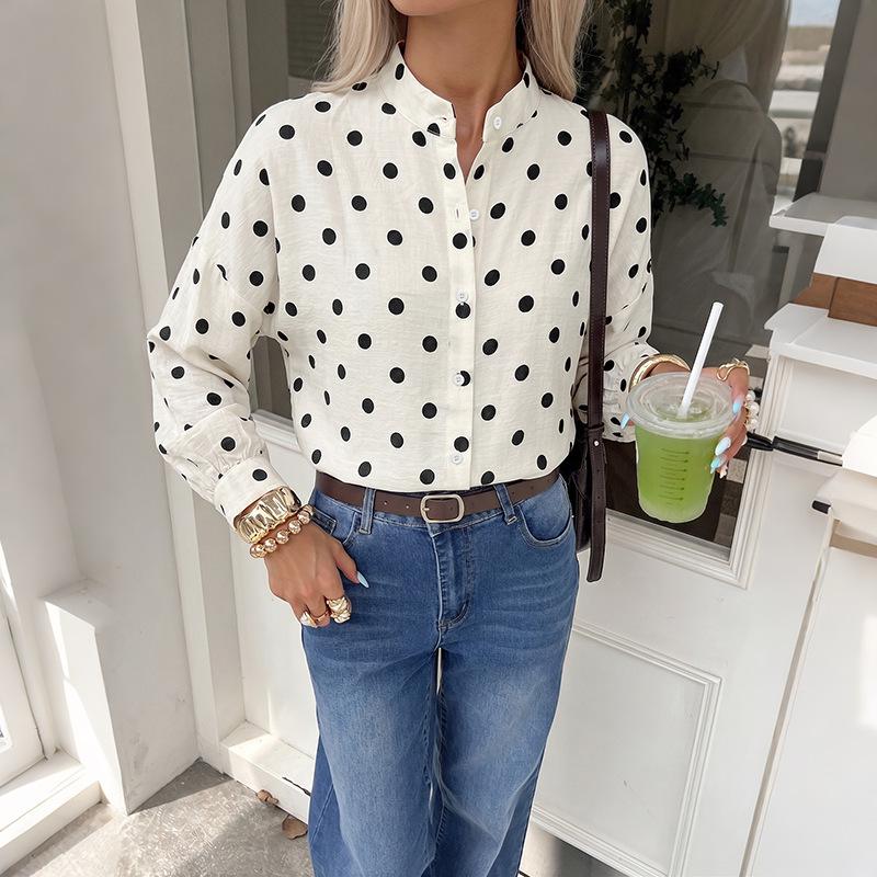 Loose Straight Stand Collar Long Sleeve Polka Dot Casual Commuter Shirt