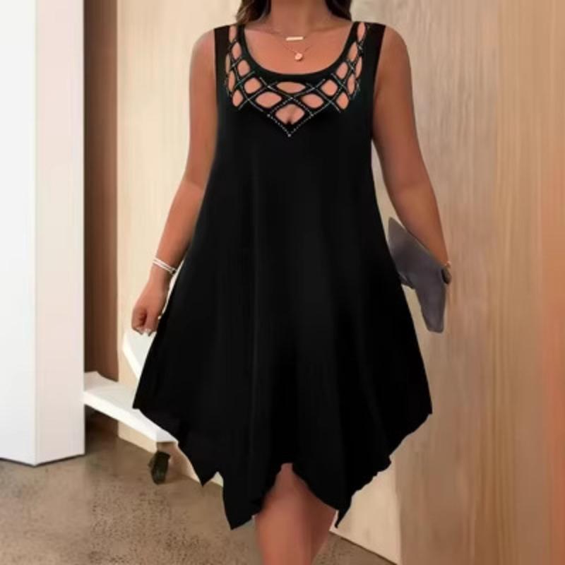 

Women s Sleeveless Rhinestone Cutout Dress Scoop Neck Irregular Hem Loose Casual Party Tunic Sundress S чёрный