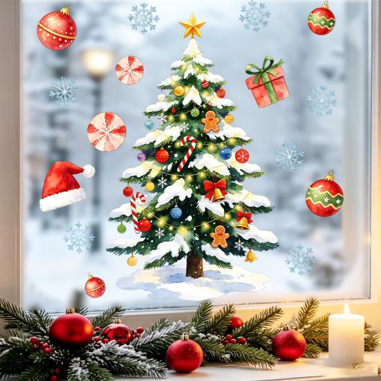 Christmas Party Supplies Watercolor Static Sticker, Santa Claus/Deer/Christmas Tree/Cake Pattern Print, Indoor Outdoor Decals Thickened PVC Removable