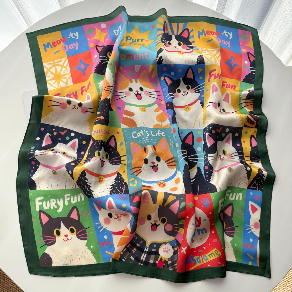 Luxury Square Scarf For Women Elegant Ladies Hijab Soft Stain Neckerchief Bandanas Cartoon Cat Print Faux Silk Scarves Shawl