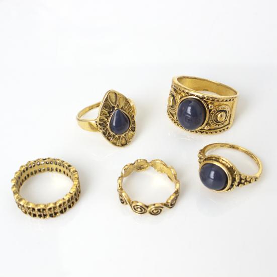 5Pcs/Set Bohemian Vintage Blue Stone Alloy Finger Ring Women Charming Jewelry