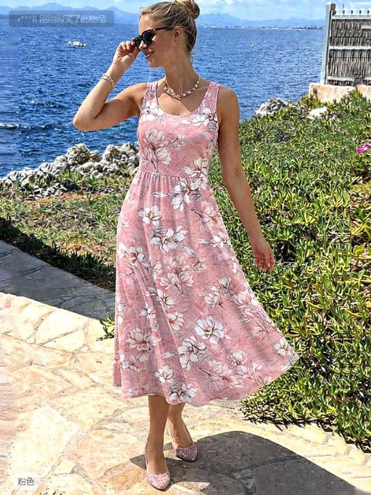 European bohemian style vacation casual pleated square neck sleeveless pink floral dress women S розовый