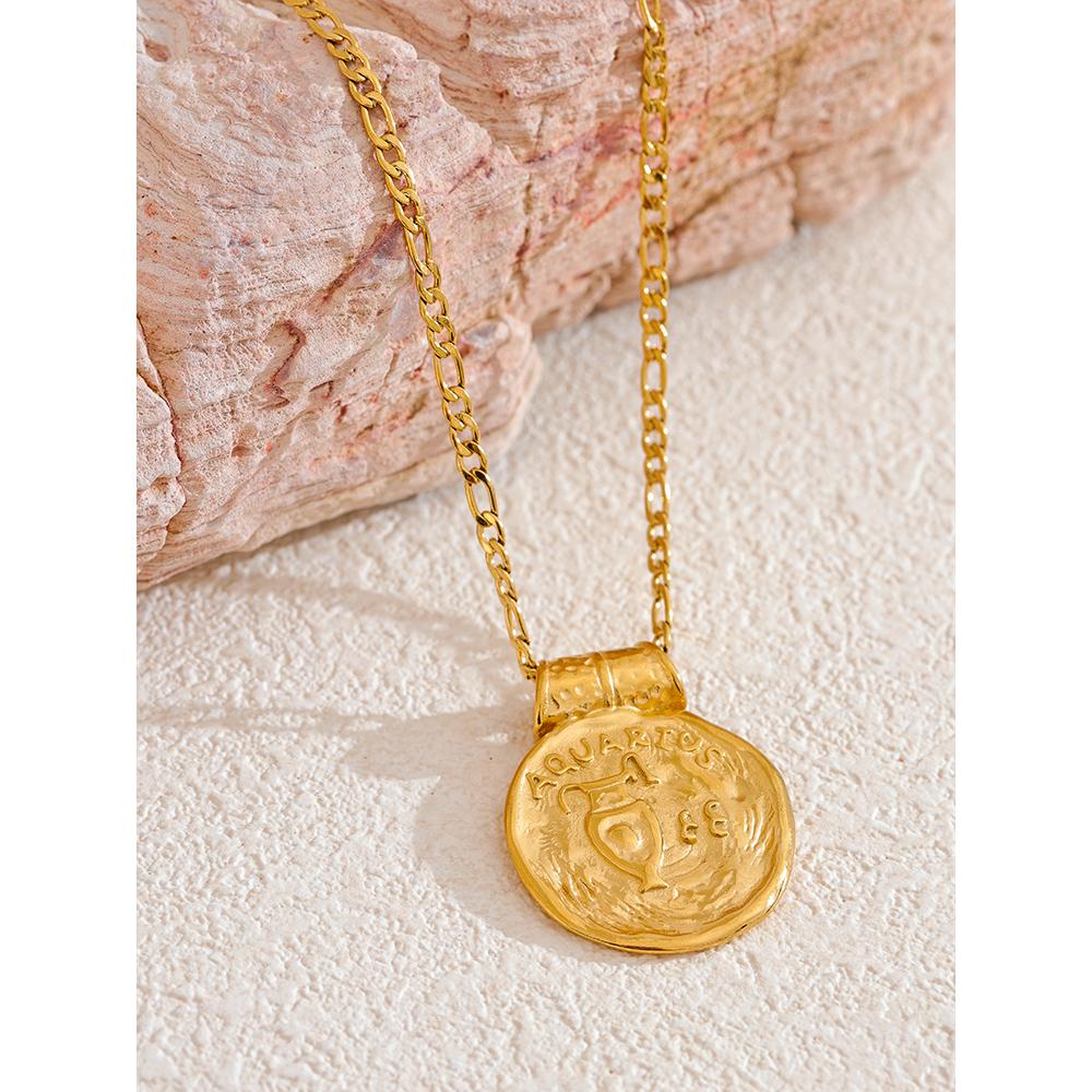 

Yhpup Exclusive Waterproof 12 Constellation Pendant Necklace Stainless Steel Hammered Vintage Golden Plated Fashion Jewelry