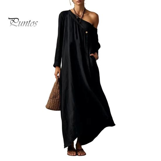 Mid-length Dress Summer Maxi for Women, Casual Loose One Shoulder Long Elegant Sleeve Dress, Flowy Beach Vacation Sundress wwith Pockets Versatile