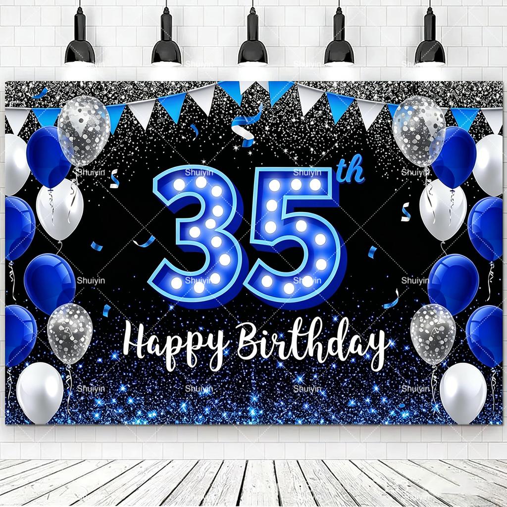 2D Happy Birthday Backdrop Black Blue Balloon Customized Age Kids Adults 18th 20th 30th 40th Birthday Decorations Party Supplies