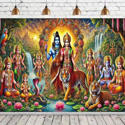 Barevná 2D tapiserie Šivy a Parvátí, Hinduističtí bohové & Pozadí posvátného lesa