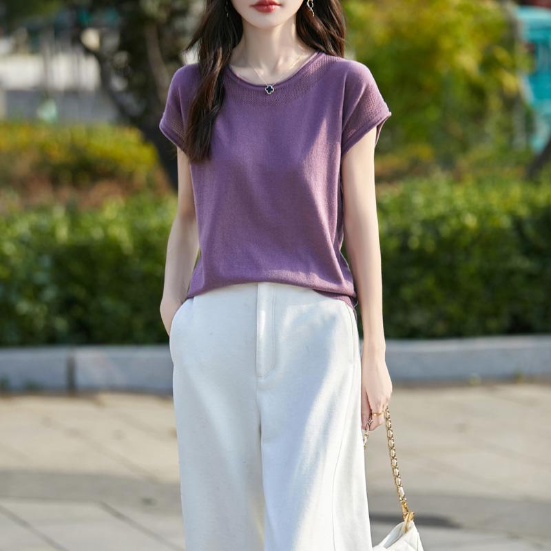 Dámský vlněný pulovr s krátkým rukávem kašmír Qinghe 50% hedvábí 50% vlna jaro a léto vlněná bezrukávová vesta měkká a pohodlná