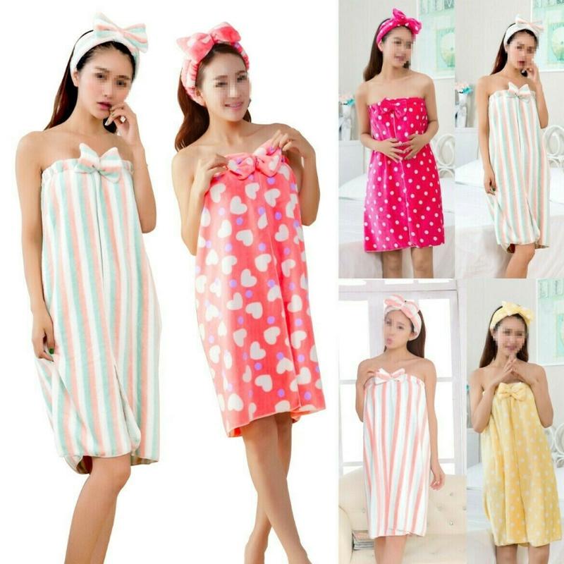 Soft Flannel Women's Bathrobe With Bowknot And Headband Perfect For Daily Wear