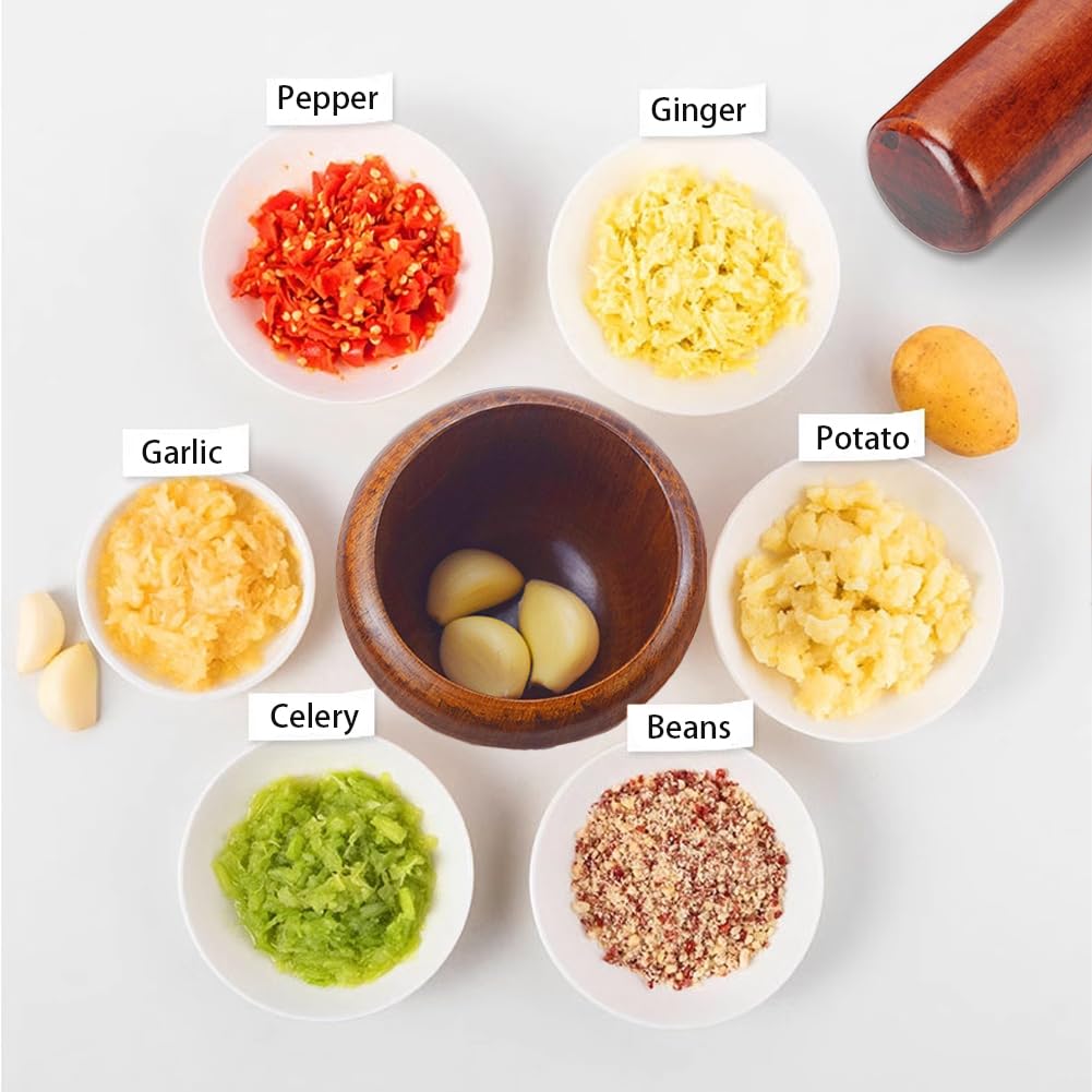 Mortar and Pestle Set, Pestle and Mortar Bowl, Wooden Mortar and Pestle Set, Kitchen Grinding Bowl Household Kitchen Manual Garlic Masher Set Mashing