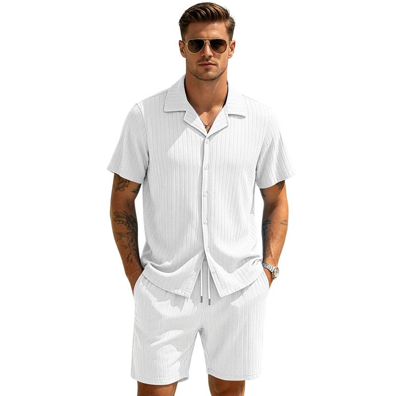 Set da Spiaggia Estivi da Uomo Tuta Casual da Strada Set Due Pezzi per Sport all'Aperto Camicia a Bottoni Liscia Pantaloncini con Coulisse Abbigliamento Sportivo