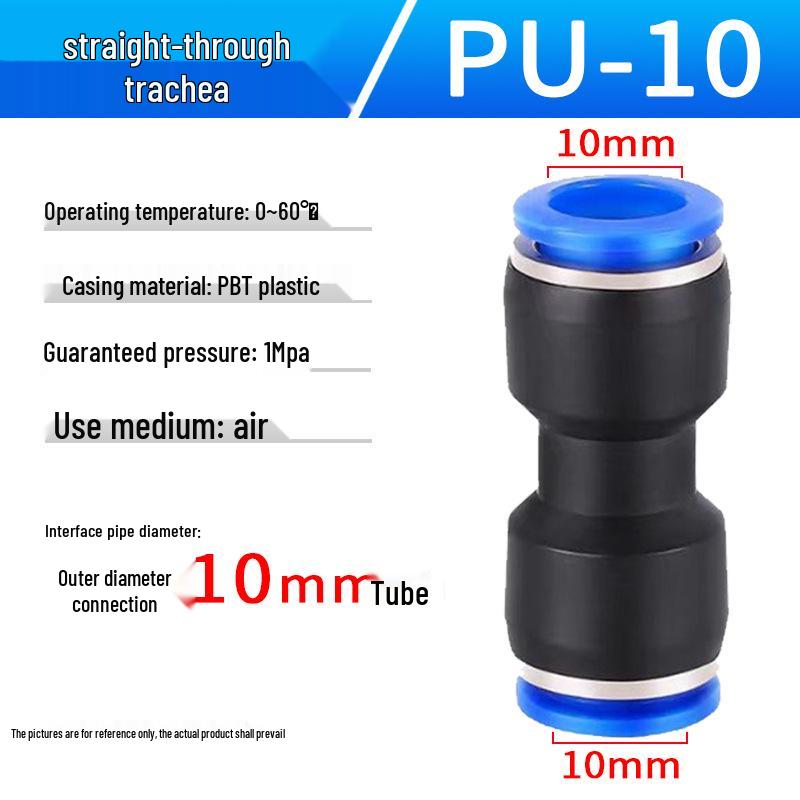 Pneumatic Air Tube Connector: PU8 Straight, PV10 Right-Angle Elbow, Quick-Insert, Butt Joint, Blue Plastic, PG6-4 Reducer.