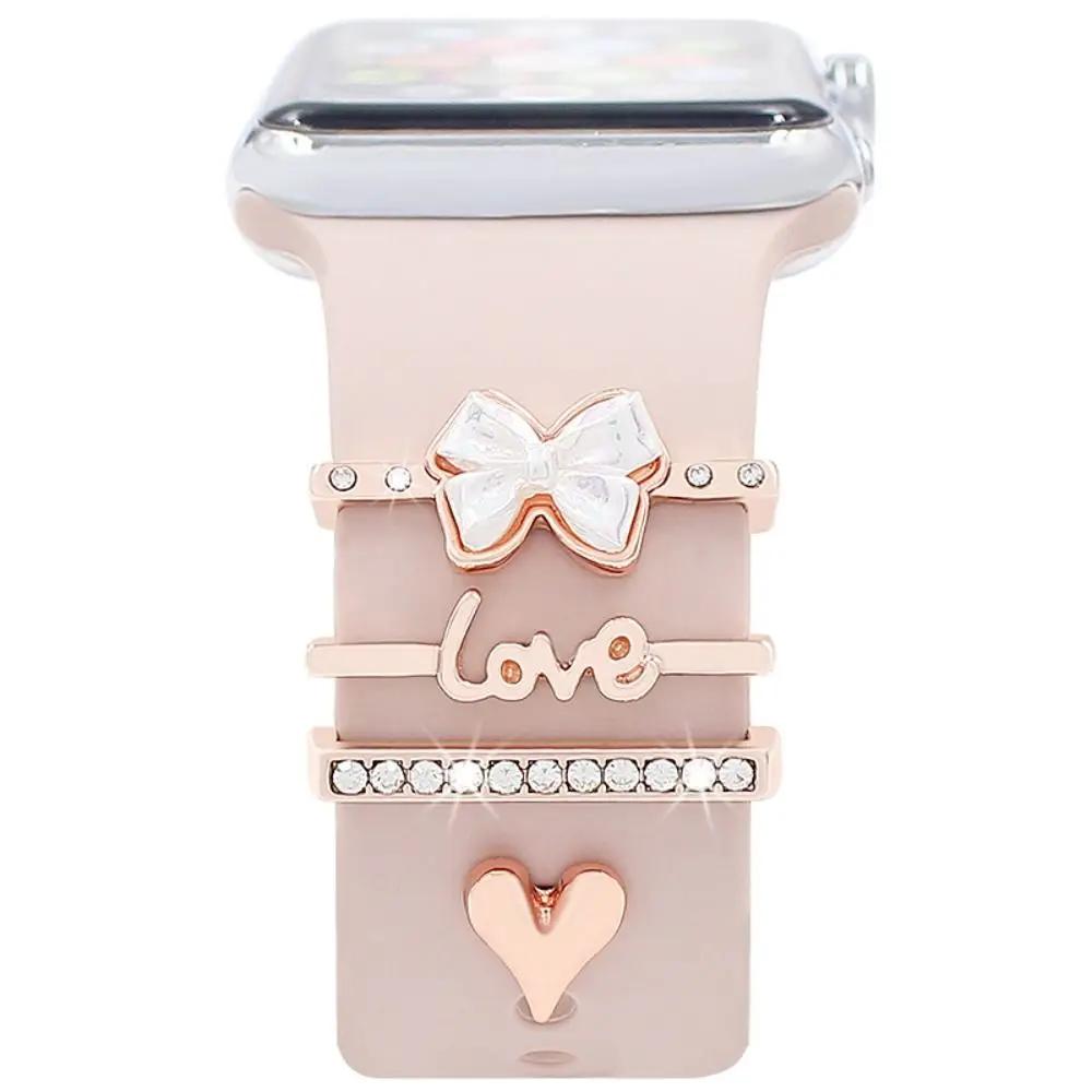 4Pcs Watch Band Ornament for Apple Watch Band Fashion Flower Heart-shaped Decor Ring for Iwatch Strap Accessory Wristbelt Charms