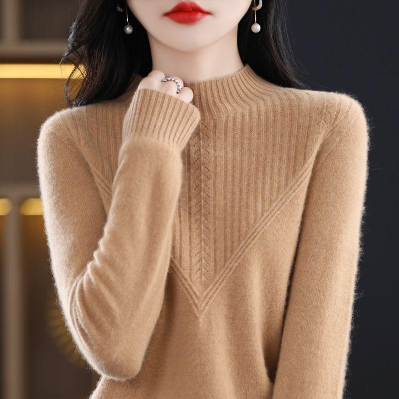 Woolen Sweater Pullover Women Half High Neck Diamond Sweater Knitted Sweater Autumn and Winter Long Sleeve Sweater Pullover