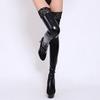 Wet Look Thigh High Stockings for Women Sexy Stretchy Shiny Metallic Black Stockings with Lace Trim Glossy Faux Leather Socks for Party Club Cosplay