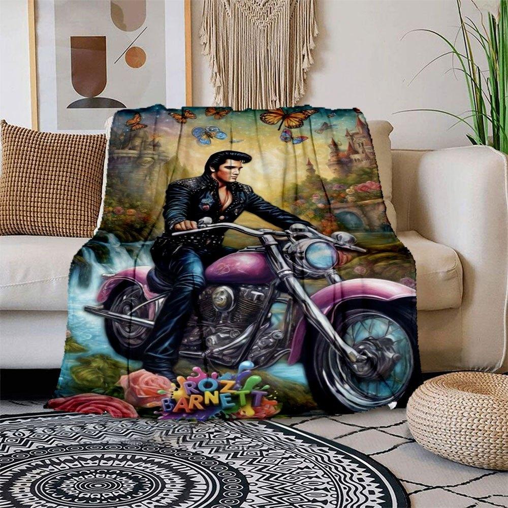 

Elvis Presley Motorcycle Fantasy Art Print Blanket Flannel Throw Blanket for Sofa, Bed, Travel, Camping, Office, Couch, Chair, And Bed Gift 150x180cm