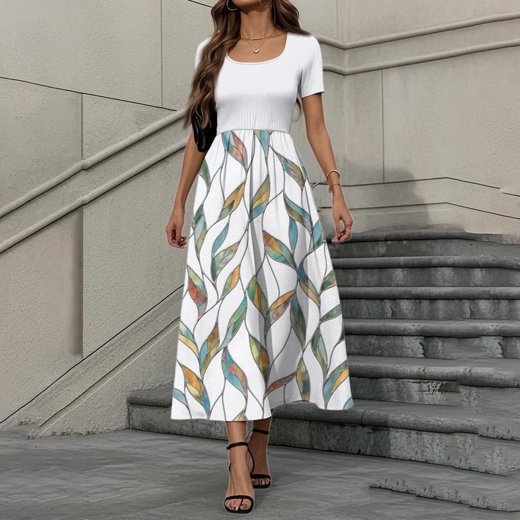 Women's Fashion Casual Short Sleeve Round Neck Splicing Floral Print Elegant Temperament Dress