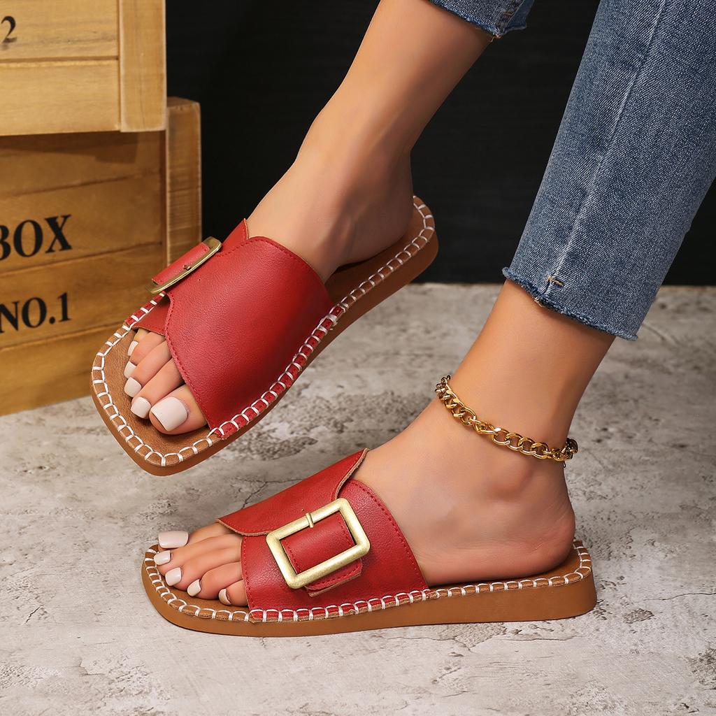 Fashion Plus Size 2025 Summer New Open Toe Women’s Slippers Round Toe Buckle Sewing Flat with Slippers for Outdoor Daily & Casual Sandal