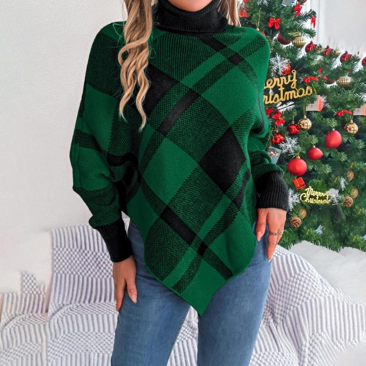 Vintage Christmas Chequer Knitwear Cardigan Sweater Stand Collar Loose Long Sleeve Top Autumn Winter