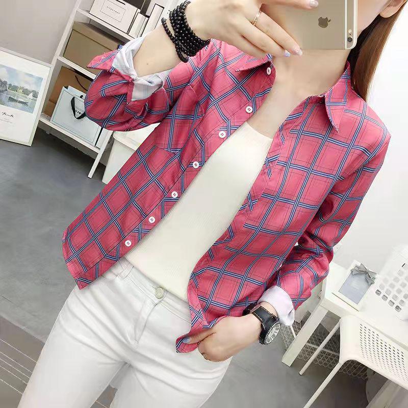 Women's Korean Style Plaid Shirt, Long Sleeve, Loose Fit, College Style Outerwear, 2025 Spring/Autumn Collection