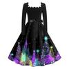 Women's Casual Christmas Print Square Neck Vintage Dress for Holiday Party and Everyday Wear