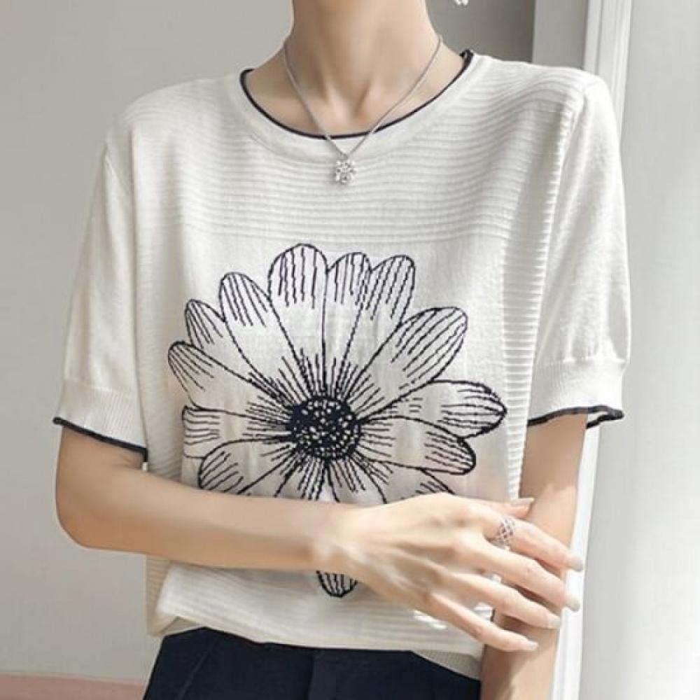 Navava Women Flower Color Block Short Sleeve Knit Tee Nk3035