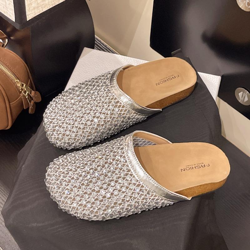 Fishnet Socks Slippers Women's Summer Rhinestone Low-heeled Flat Sandals Women's Rhinestone Slippers