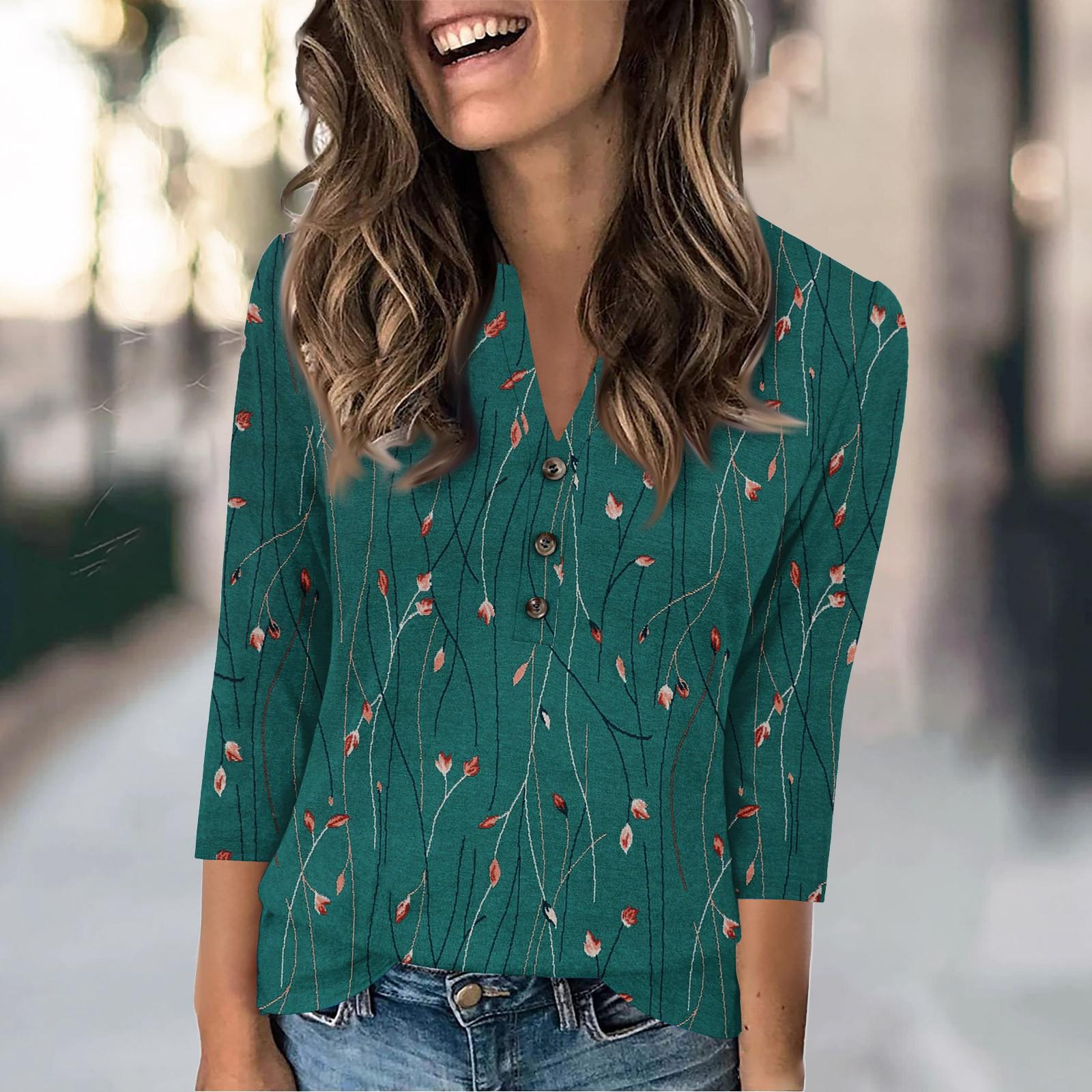 

Женская модная повседневная футболка с винтажным цветочным принтом и V-образным вырезом, рукавом 3/4, на пуговицах L синий