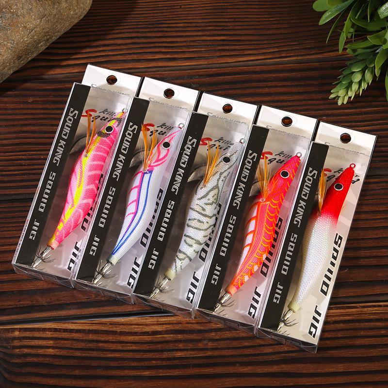 SQUID KING Luminous Wooden Shrimp Squid Hook - Sizes 2.5, 3.0, 3.5 with Rapid Current Lead Head & Rattle for Deep Water.