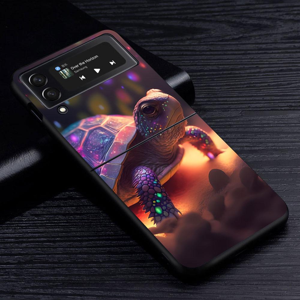 Cute Little Turtle Luxury Case for Samsung Galaxy Z Flip4 Flip3 5G PC Hard Cell Phone Shell Z Flip 4 3 Black Zflip4 Zflip3 Cover