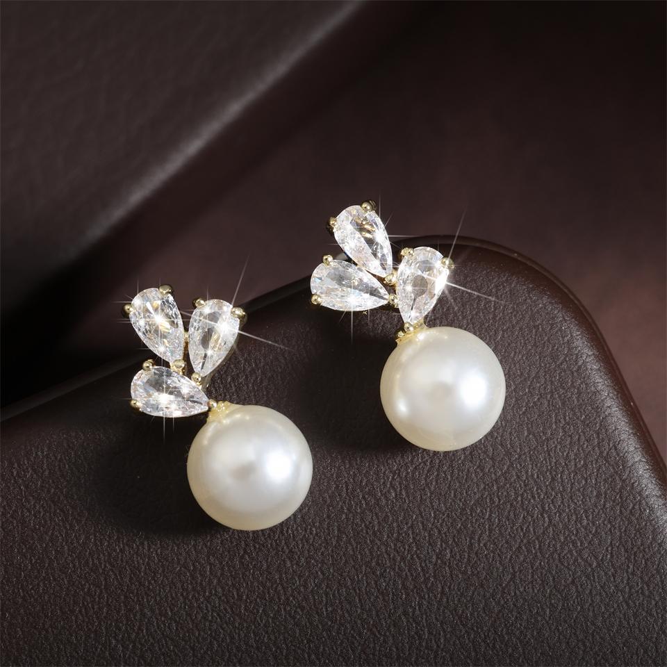 ZAKOL Cute Round Imitation Pearl Stud Earrings For Women Teardrop Zircon Bridal Earring Exquisite Wedding Party Jewelry