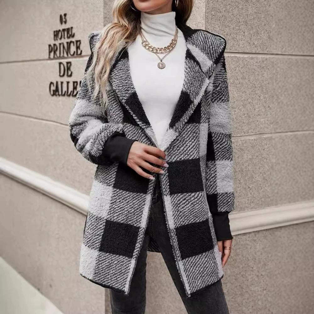 Loose Plaid Color Blocked Plush Cardigan, Fashionable Sweater for Women